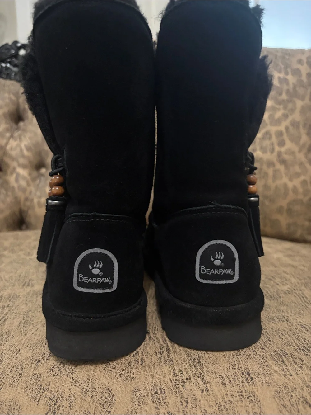 BearPaw Black Suede Shearling Tassel Winter Boots